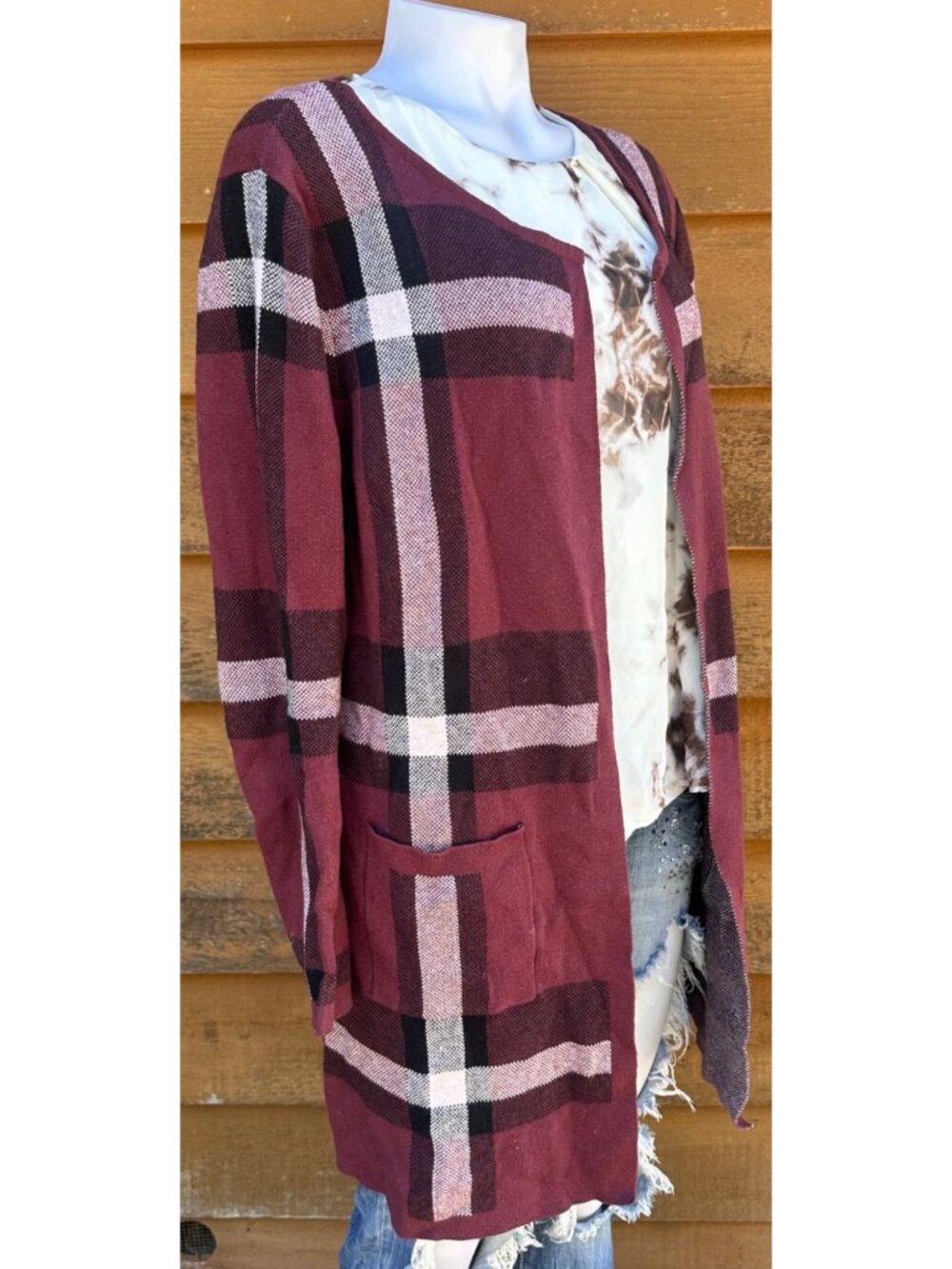Plaid Open Front Cardigan Jacket By Elle Size XL Burgundy & Black Tones - Picture 6 of 8